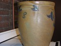 Crock size was often marked on the vessel. Earlier crocks, like this 3 gallon one, had painted marks. Look for a 3 in the upper left corner. Collection of the Johnstown Area Heritage Association, Johnstown, PA.  Visit them at www.jaha.org.